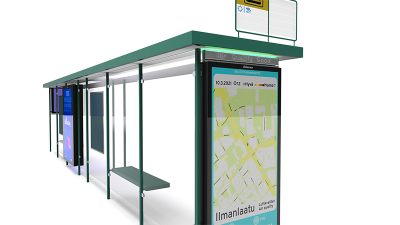 带有空气质量显示的公交车站的插图。