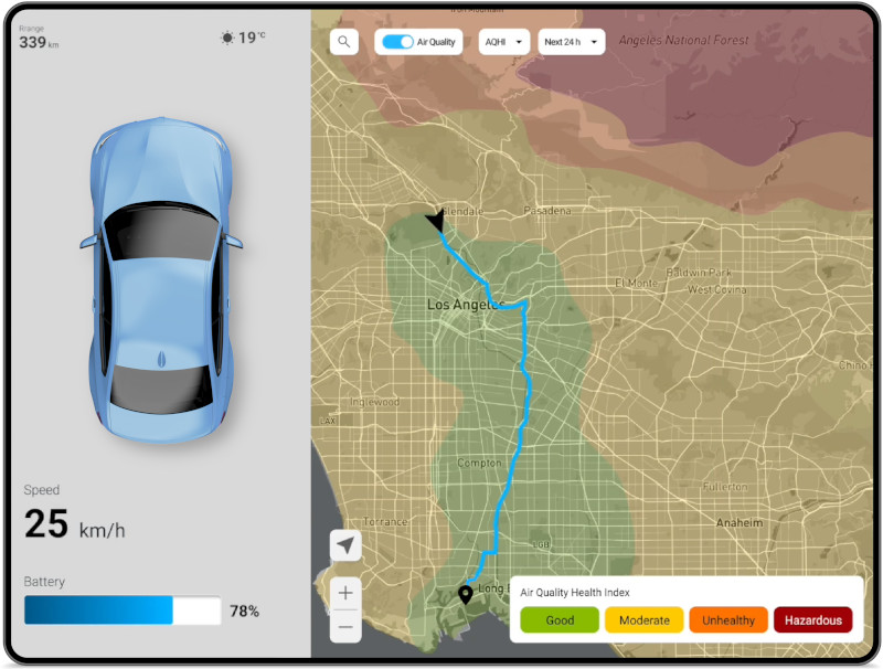汽车信息娱乐屏幕在地图上显示空气质量信息