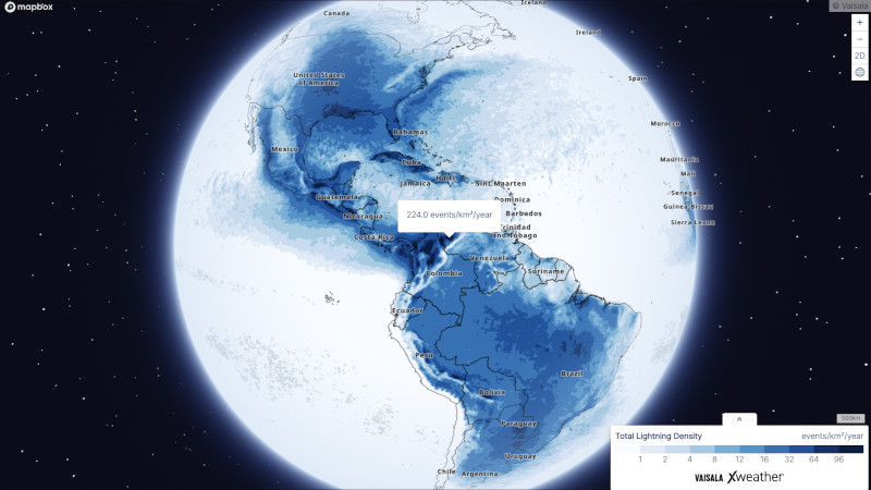 地球的3 d地图显示北美和南美的深蓝色显示闪电密度最高的地区。