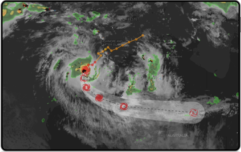 雷暴经理截图显示跟踪和预测热带气旋路径伊尔莎4月12日,2023年