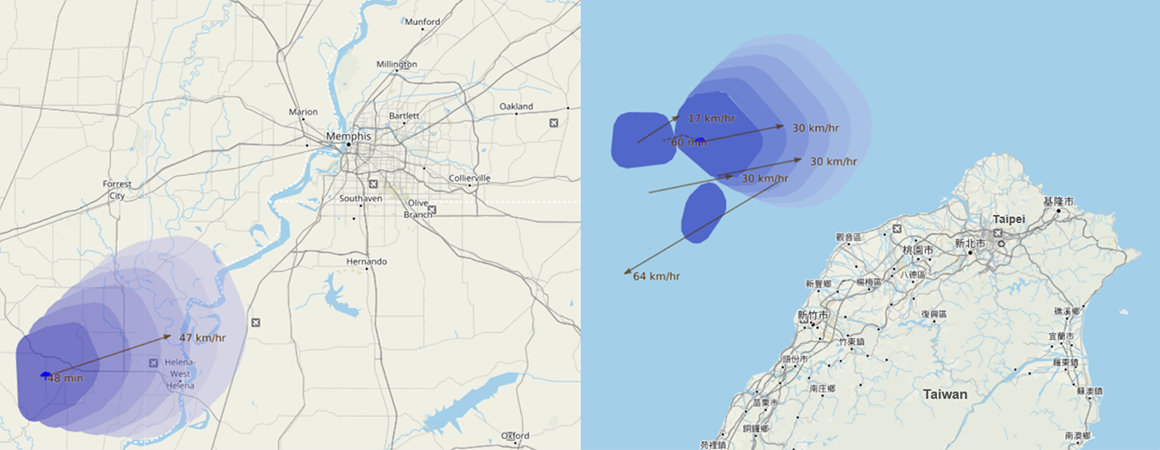 闪电威胁区域的例子(LTZ)输出从孟菲斯附近的雷暴,田纳西州(左)和台北,台湾在2020年9月(右)