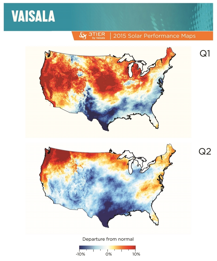 美国太阳能性能地图偏离平均全球水平照度条件。