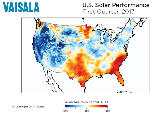美国第一季度2017年太阳能绩效地图